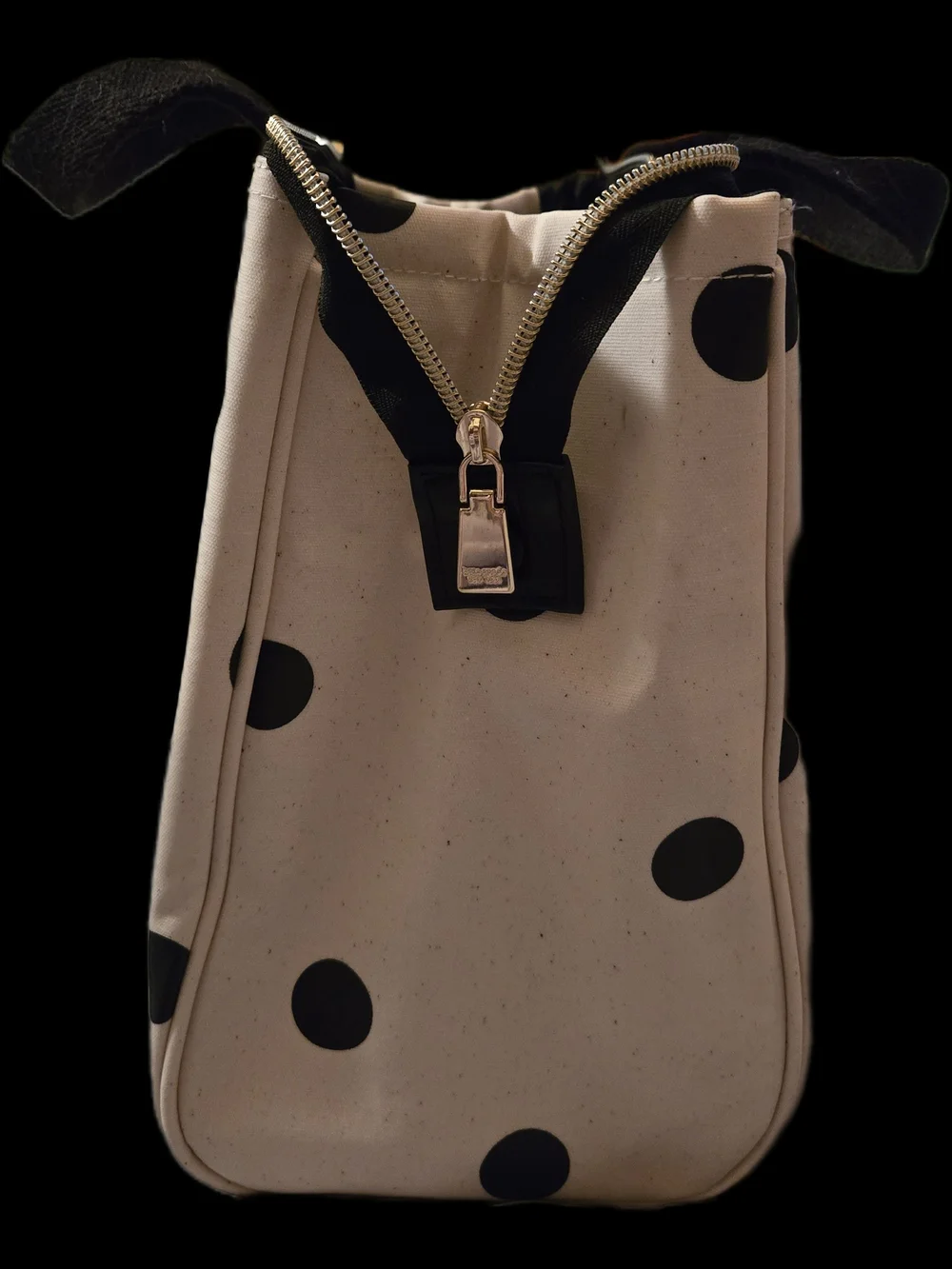 kate spade Beige Canvas Lunch Tote w Black Polka Dots,Gold Zipper,Snaps 10x9x6